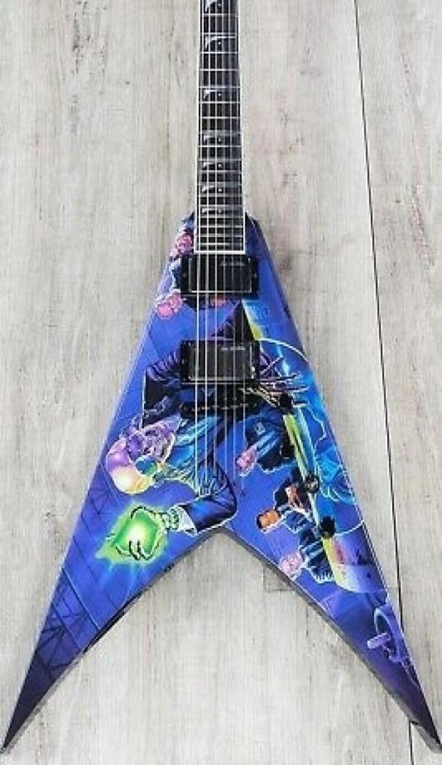 

Handwork Dave Mustaine Rust In Peace Blue Flying V Electric Guitar Active Pickups 9V Battery Box Black Hardware Shark Fin Inla7271109