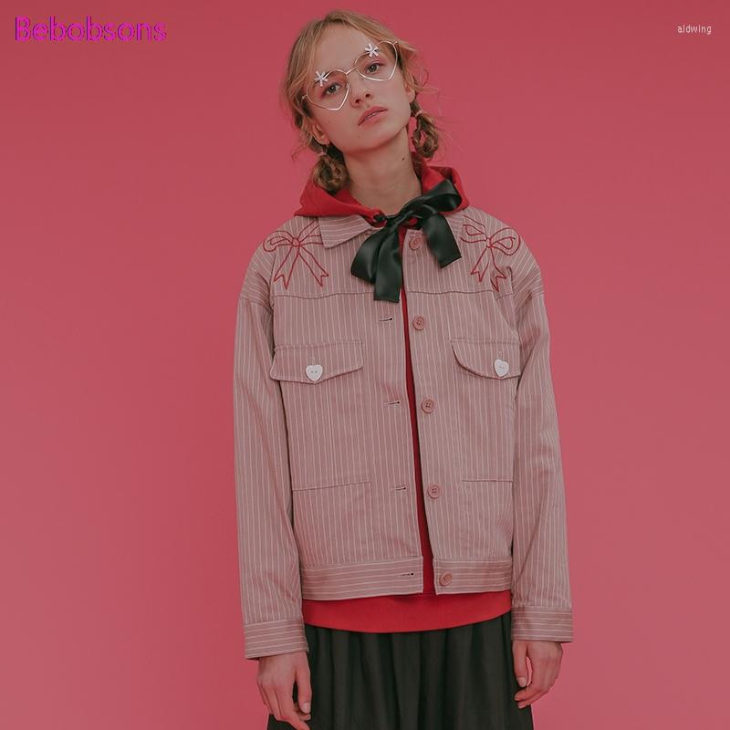 

Women' Jackets 2023 Women Autumn Pink Denim Coats Turn Down Collar Striped Bow Embroidery Pockets Female Long Sleeve Casual Coat