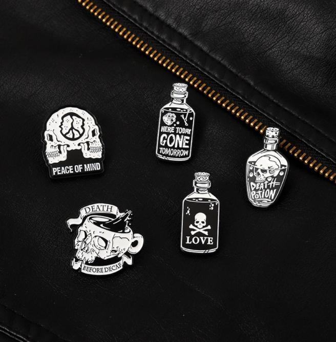 

Punk Skeleton Enamel Pins Custom Black White Skull Potions Brooches Lapel Badges Cool Gothic Jewelry Gift for Friends5000339