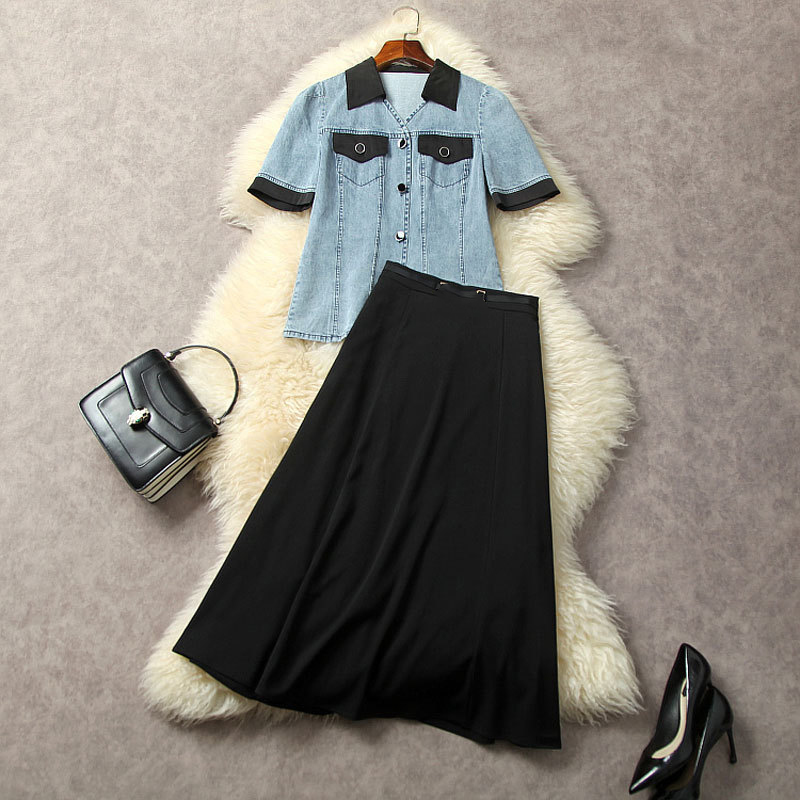 

2023 Summer Blue Contrast Color Two Piece Dress Sets Short Sleeve Lapel Neck Denim Single-Breasted Blouse & Black Mid-Calf Skirt Suits Set L3W222379