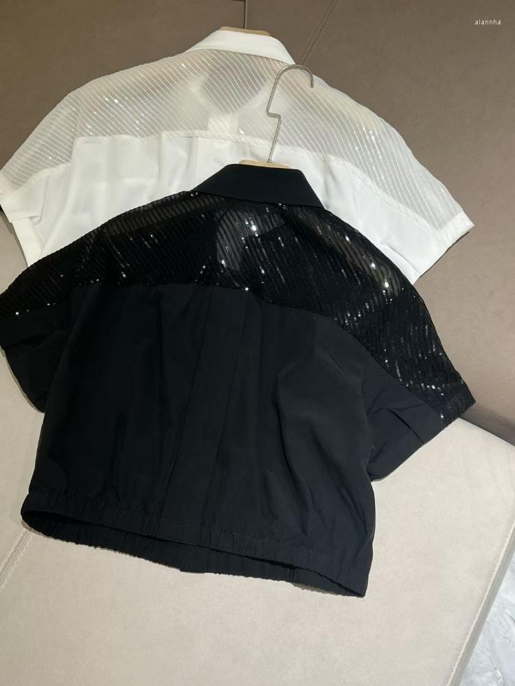 

Women' Blouses 2023 Spring/Summer Women Semitransparent Sequin Decorative Short Sleeve Shirt, Black