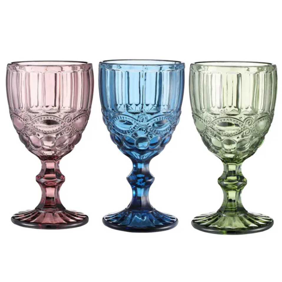 

48 pieces / carton European Style Embossed Wine Glass Stained Glass Beer Goblet Vintage Wine Glasses Household Juice Drinking Cup Thickened FY5509 E0525