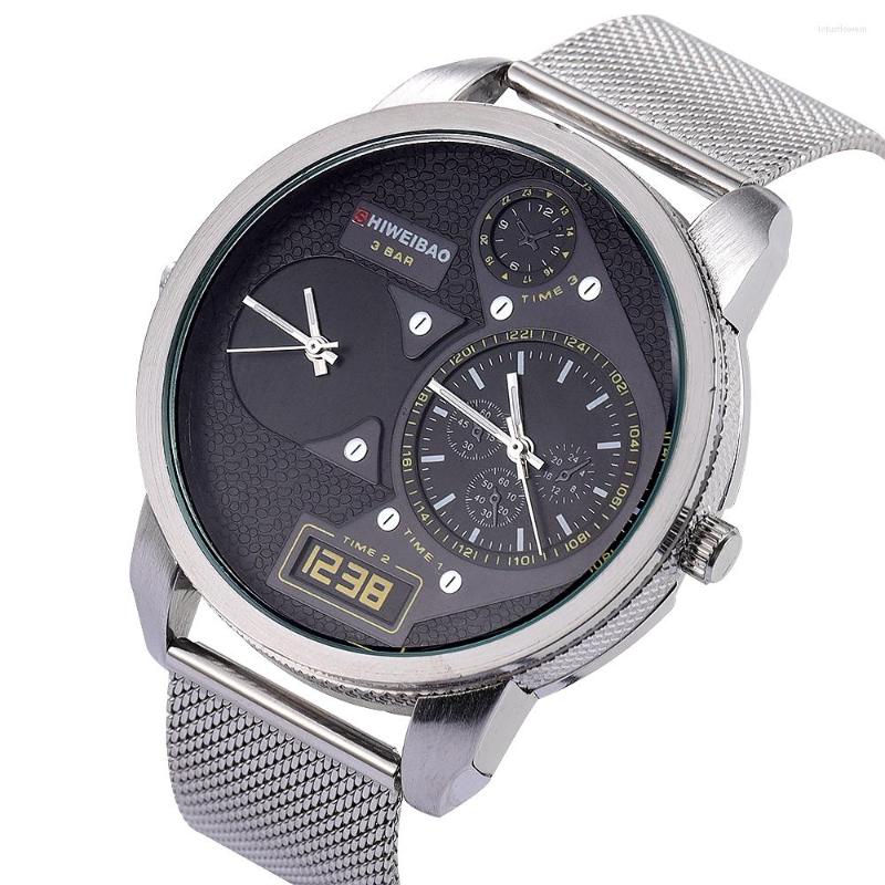 

Wristwatches Dual Time Display Men Watches Top Brand Big Dial Steel Strip Chronograph Quartz Military Sport Wristwatch Man Relogio Masculino