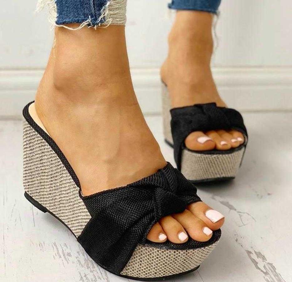 

Women Sandals Summer 2021 New Fashion Denim Butterfly Knot Platform Wedges High Heel Peep Toe Casual Fashion Beach Ladies Shoes Y05000423, Black