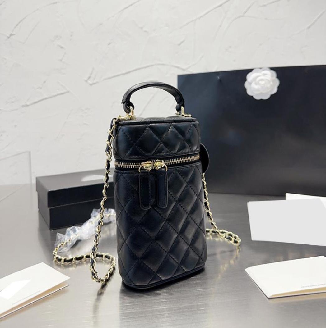 

Womens Designer Lambskin Phone Holder Bags Classic Top Handle Totes Cosmetic Case Vanity With Gold Metal Hardware Matelasse Chain 1686011, Dark grey