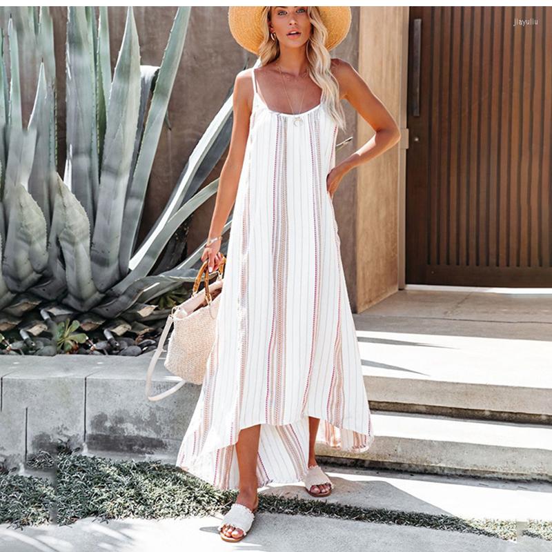 

Casual Dresses Summer Maxi Dress Women Fashion Sexy Spaghetti Strap Sleeveless Striped Boho Loose Beach Vestidos Robe Femme, Blue