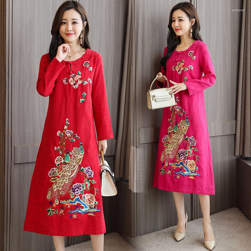 

Ethnic Clothing FZSLCYIYI Peacock Flower Embroidery Cotton Linen Cheongsam Traditional Chinese Retro Long Sleeve Qipao Dress Women
