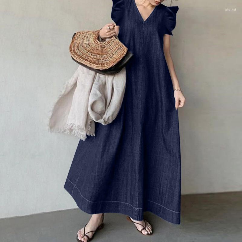 

Party Dresses Fashion High Waist Women Pullover Denim Dress Korea Ladies Womens V-neck Solid Woman Casual Simple Loose Long, Black