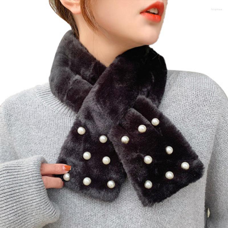 

Scarves Korean Cute Faux Rex Fur Warm Scarf Winter Female Thicken Double-Sided Plush Narrow Cross Neck Guard Pearl O69