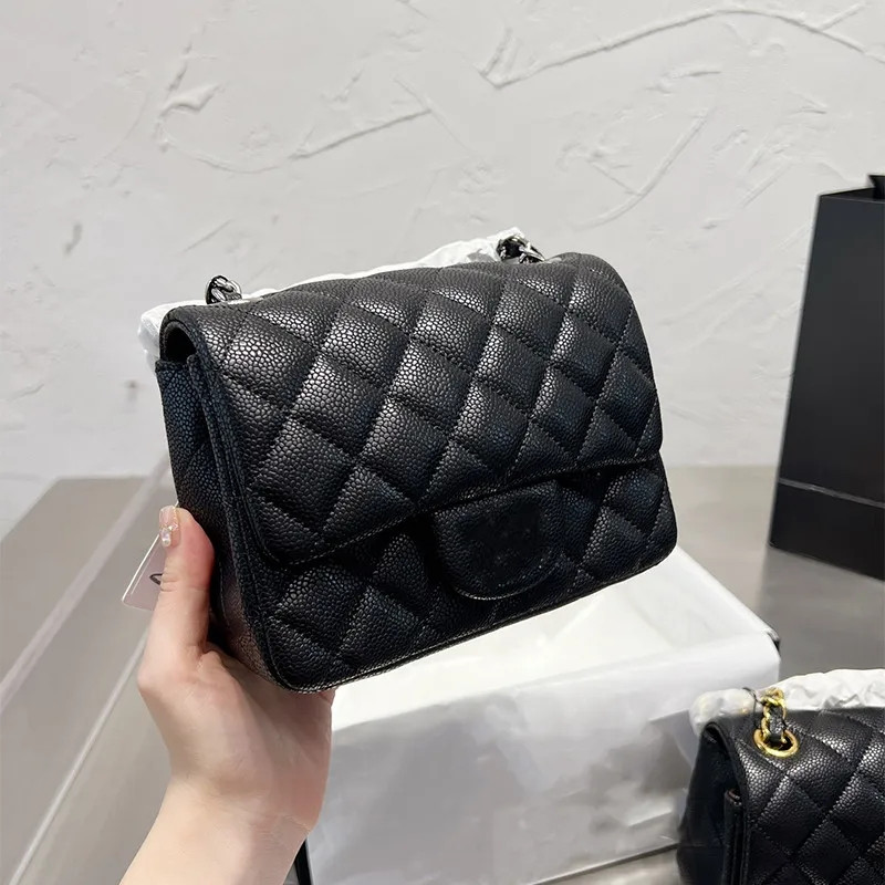 

7A bag of classic luxury designers of the highest quality mini square flap black suede leather wallet quilting Hangbags Crossbody shoulder bag gold or silver chains, 17 cm caviar silver