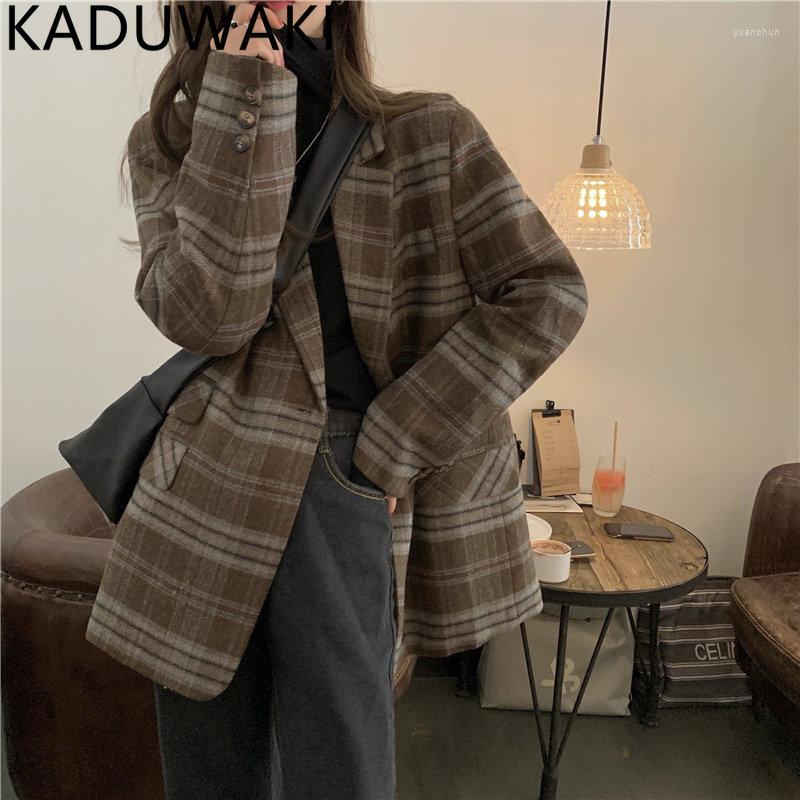 

Women's Jackets Spring Autumn 2023 Vintage Plaid Lapel Long Sleeve Loose Causal All Match Wool Blend Coat Korean Chic Fashion Tops, Coffee
