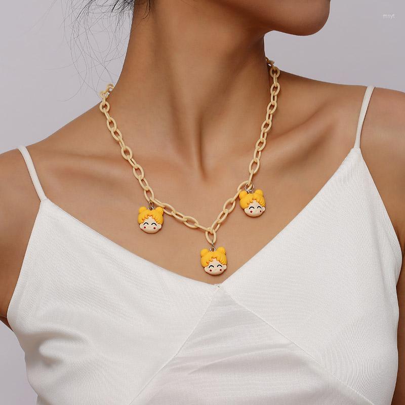 

Pendant Necklaces Fashion Cute Resin Face Girl Head & Pendants For Women Girls Simple Cream Color Acrylic Link Chain Necklace Jewelry