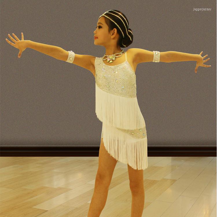 

Stage Wear Children Professional Latin Dance Dress Kids Sequins Ballroom Competition Dresses Girl Tassel Cha Rumba Costume, White