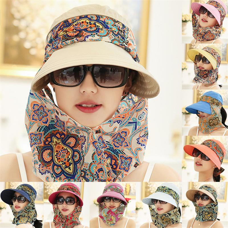 

Wide Brim Hats Lady Women Summer Outdoor Hat Riding Anti-UV Sun Beach Foldable Sunscreen Floral Print Caps Neck Face, Beige