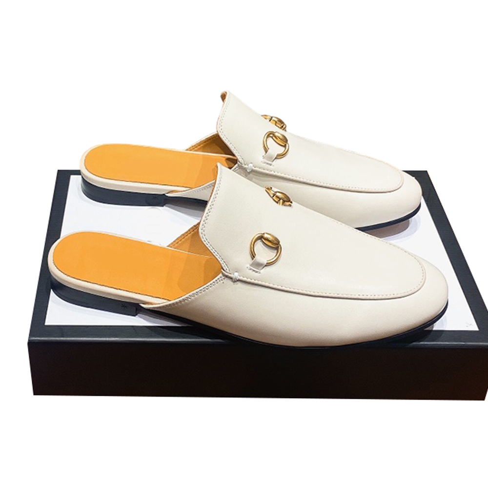 

G* Top Quality Designer Slippers Women Sandals Leather Loafers Shoes Velvet Ladies Casual Mules Metal Buckle Size 35-41, Color 1