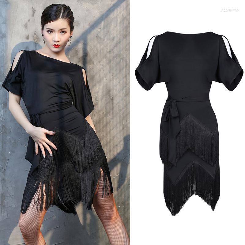 

Stage Wear Ballroom Dance Competition Dresses Women Bat Sleeves Latin Dress Black Fringes Adults Dancing Costume XS5833, Black dress