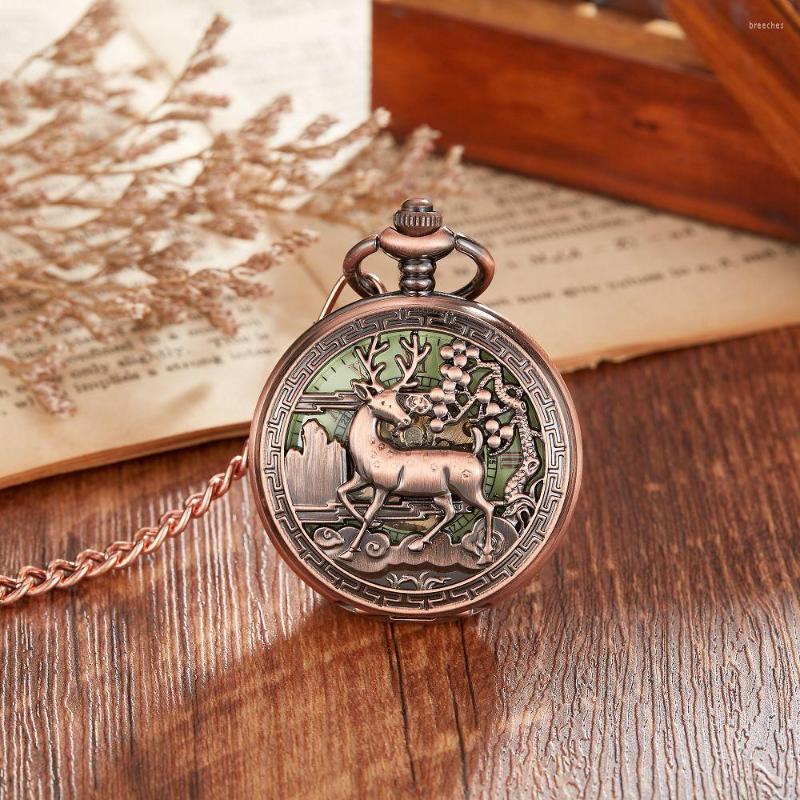 

Pocket Watches Animal Machinery Watch Luminous Bronze Necklace Deer Carved Exquisite Clock Fob Christmas Gift, Pm353