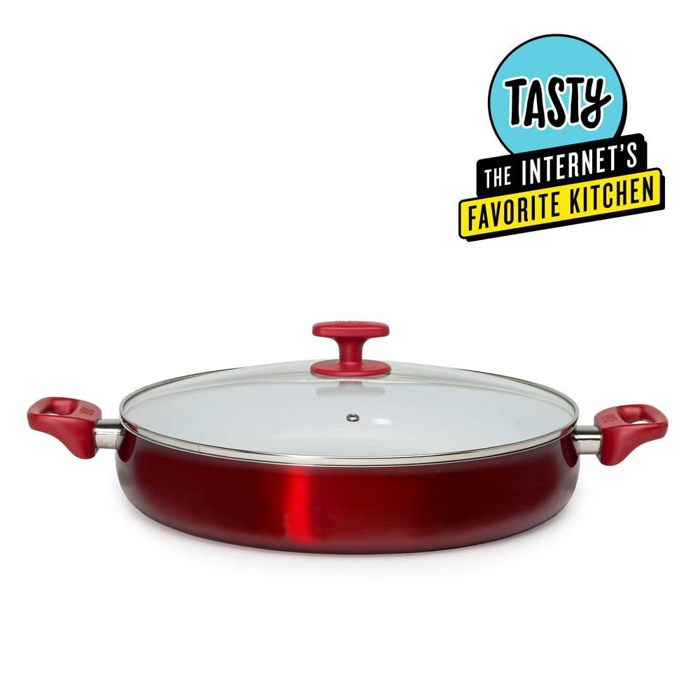 

Tasty Ceramic Titanium-Reinforced Non-Stick Centerpiece Pan with Glass Lid, Red, 14