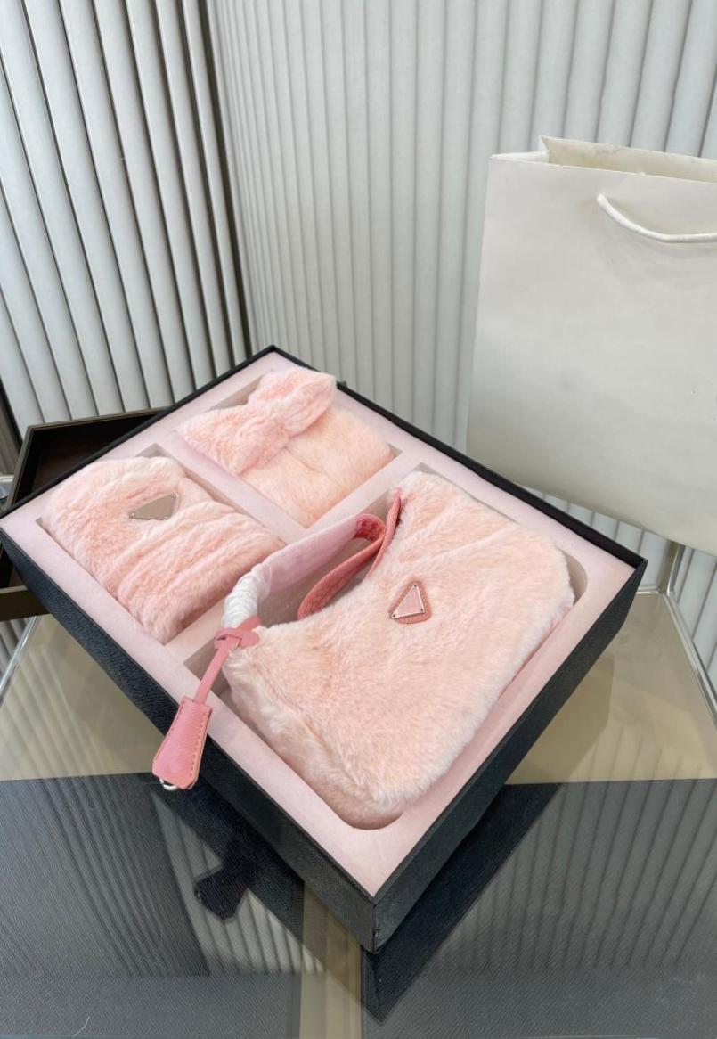 

Fashion Totes Bag Villus Women Handbag Shoulder Bags Hat Scarf Luxury Designer Winter Warm Cap Muffler 3 Pcs Suit Cold Proof4413581, Pink