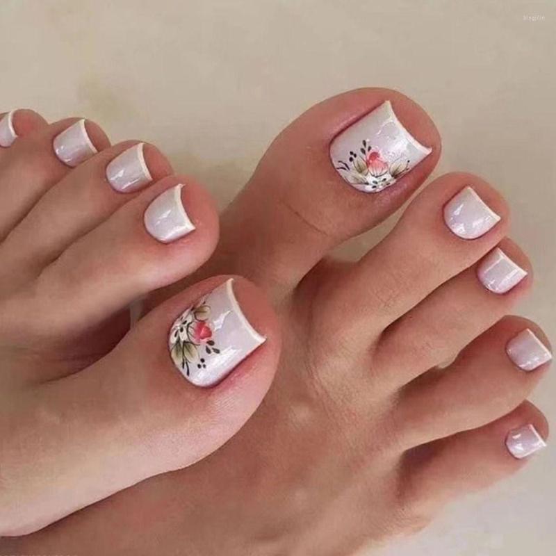 

False Nails 24pcs For Women Toe Short Square Gold Fake Toenails Spring Summer Flowers French, F055
