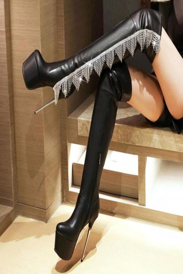 

Boots Bling Tassel Super High Women Thigh Platform Night Club Shoes Side Zipper Winter Heel Big Size 438831943, Blue