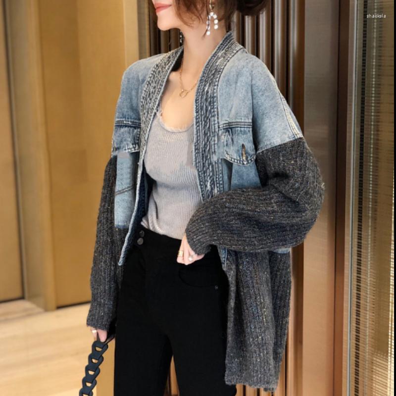 

Women' Jackets 2023 Women' Jacket European Station Design Sense Splice Knitted Cardigan Medium Long Loose Large Korean Spring And, Blue