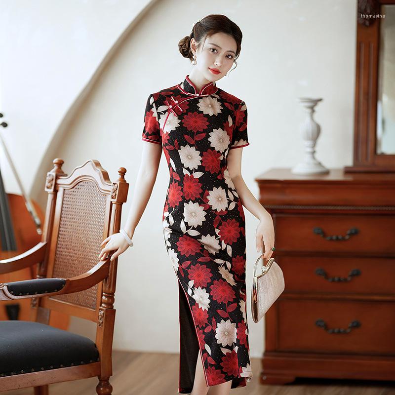 

Ethnic Clothing Sexy Lady Satin Qipao Vintage Collar Print Flower Cheongsam Traditional Chinese Slim Low Split Prom Gown Oversize 3XL 4XL