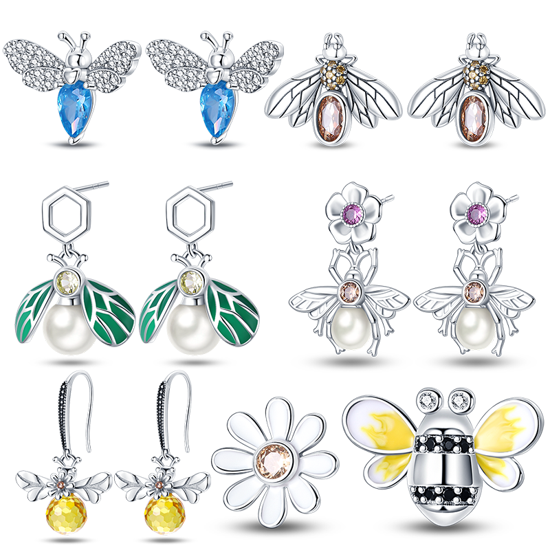 

100% 925 Sterling Silver Original Charm Bee Series Earrings For Women Pave CZ Fine Anniversary Engagement Jewelry Gift