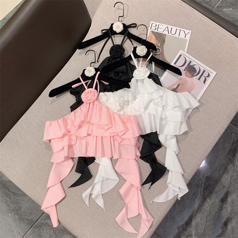 

Women' Tanks PREPOMP 2023 Spring Summer Collection Sleeveless Lace Up Halter Ruffles Applique Sexy Camisole Women Tank Top GH356, Black