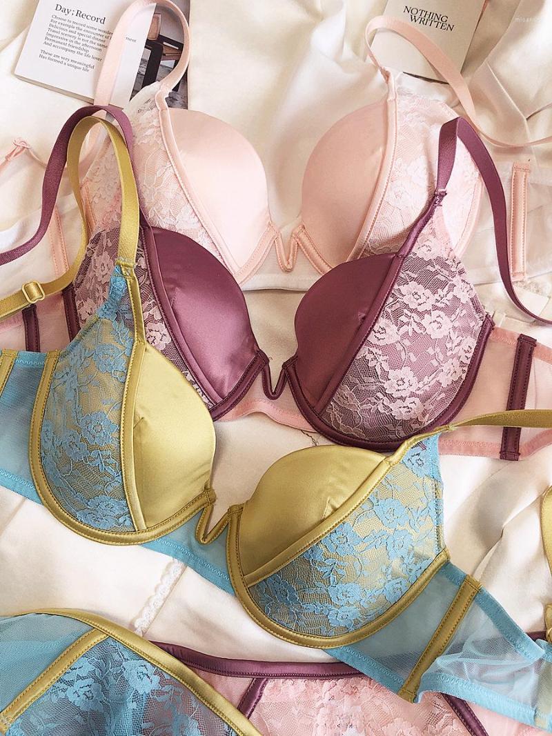 

Bras Sets French Embroidery Underwear Sexy Deep V Push Up Bra Set Women Vintage Lace Romantic Lingerie Wire Free Thin Cup High Quality, Blue