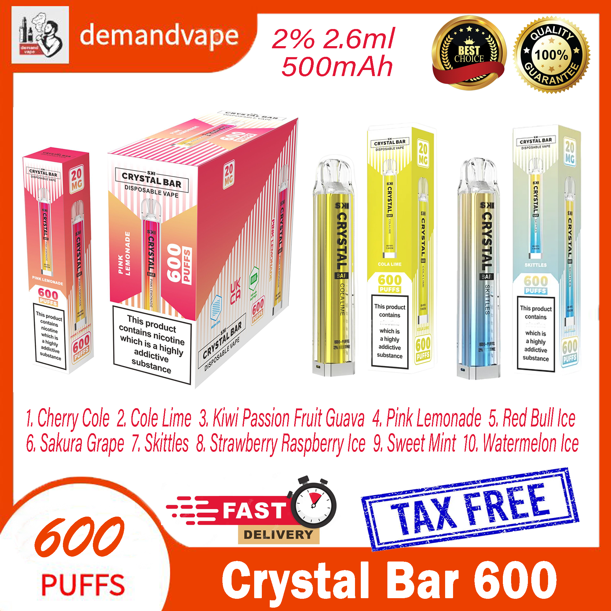 

Original SKI Crystal Bar 600 Puff E Cigarettes 20mg Disposable Vape Pen 500mAh Battery 20 Flavors 0% 2% 5% Capacity 2.6ml VS Sky Ske