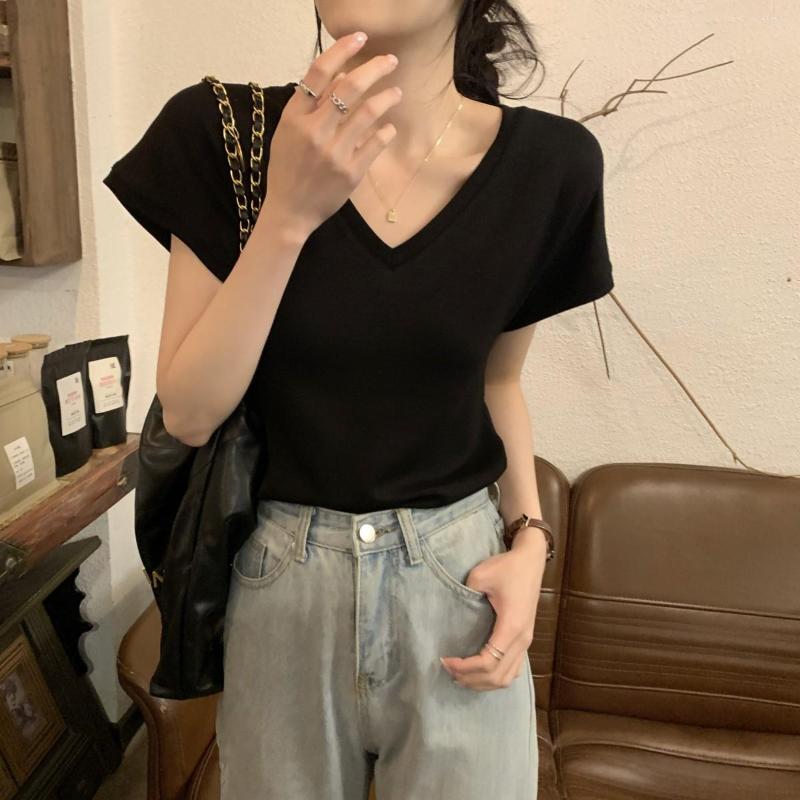 

Women's T Shirts 2023 Summer Simple Style V-neck Drop Sleeve Cotton Short-sleeved T-shirt Women Blouse Tees Casual Streetwear, Black