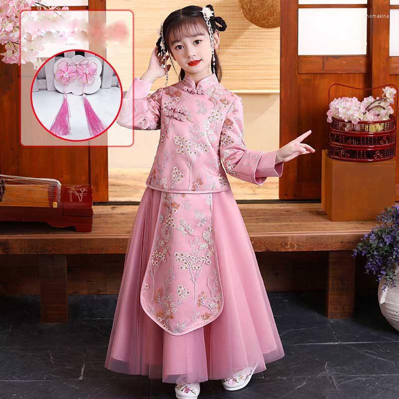 

Ethnic Clothing Autumn And Winter Girls' Hanfu Long Sleeves Dress Chinese Style Tang Costume Cheongsam Year's Stage Party