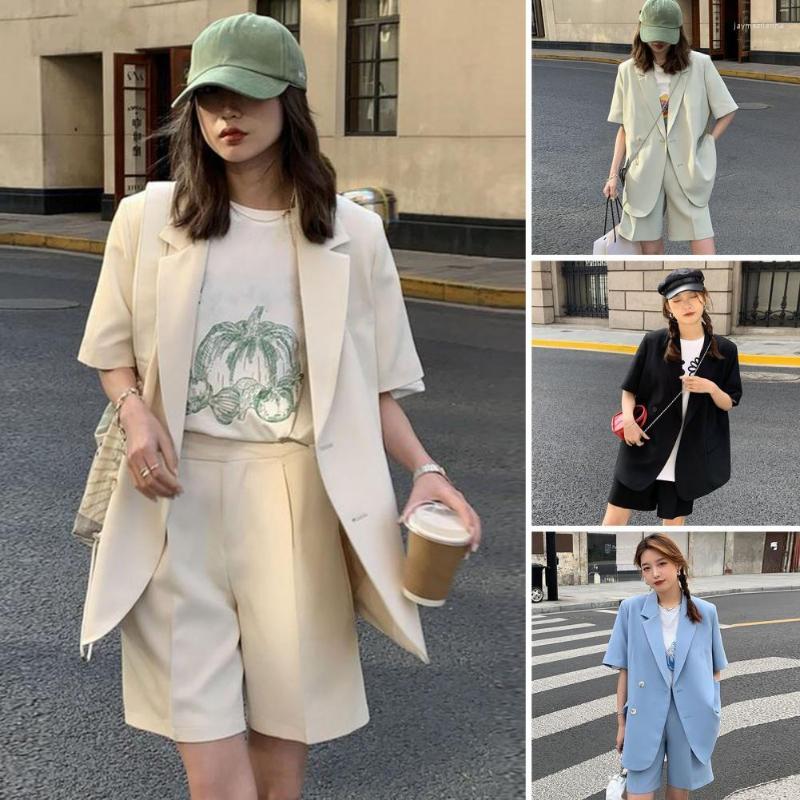 

Women's Tracksuits Women's Loose Short-sleeve Short Suit Blazer Two-piece Set Summer Thin Casual Coat And Shorts Solid Plus Size Elastic, Beige