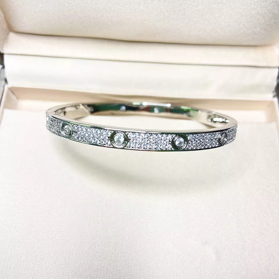 

Luxury Top Fine Brand Pure Sterling Silver Jewelry For Women Bangle Rose Yellow Gold Full Diamond Love Bangle Wedding Engagement