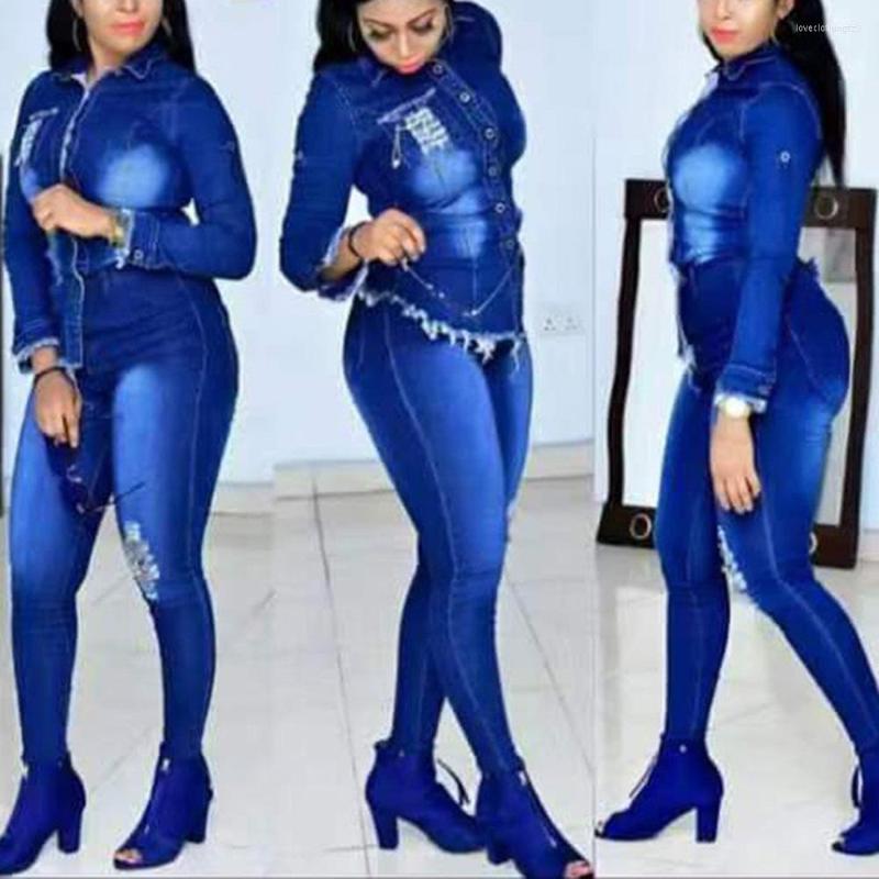 

Women's Two Piece Pants African Ladies Fashion 2 Pieces Jeans Sets Outwears & Long Trousers Solid Elegant Daily Wear Outfits Matching