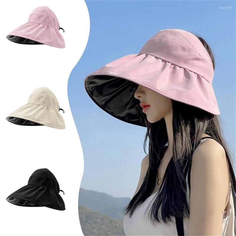 

Wide Brim Hats Summer Empty Top Sun Hat For Women Anti UV Sunscreen Bucket Female Double Protection Outdoor Beach Cap, Beige