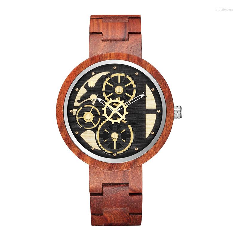 

Wristwatches Vintage Red Wood Men's Watch Creative Gear 3D Big Wooden Clock Surface Fashion Men Watches Reloj Masculino, Brown