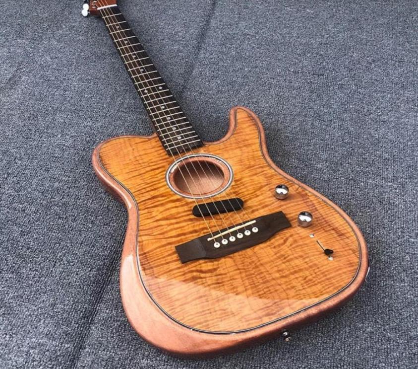 

Rare Acoustasonic Tele Amber Flame Maple Top Hollow Body Electric Guitar Deep C Mahogany Neck Chrome hardware Vintage Tuners6371413