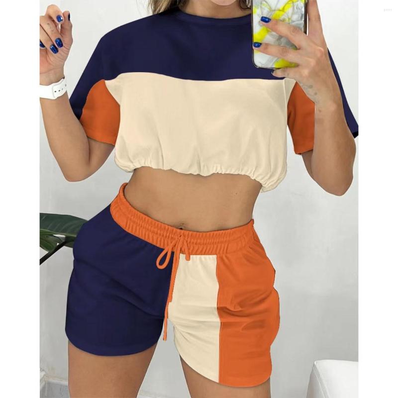 

Women's Tracksuits CINESSD Women's 2023 Fashion Print Stitching Pocket Midriff-Baring Short Sleeve Shorts Suit, Orange