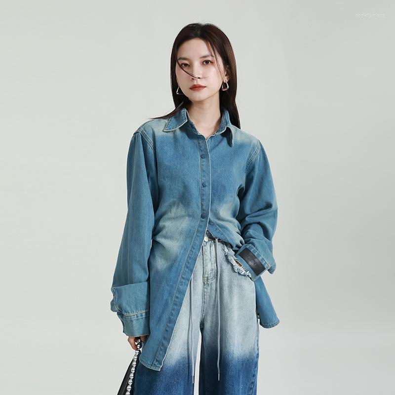 

Women's Blouses SuperAen Spring Women's Clothing 2023 Top Design Retro Washed Blue Denim Shirt
