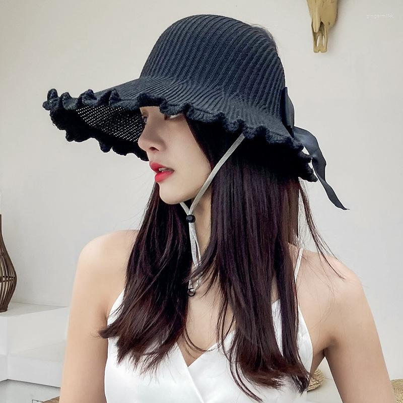 

Wide Brim Hats Summer Knitted Hollow Breathable Top Empty Women Girls Big Bowknot Ruffle Sun Cap Outdoor Beach Tour Fordable Hat, Khaki