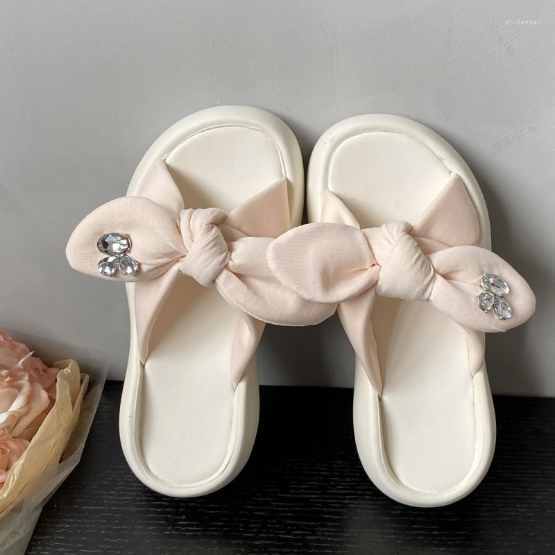 

Slippers 2023 Fad Flats Shoes Women Bow Platform Summer Crystal Sandals Dress Flip Flops Slingback Casual Mujer Slides, Beige
