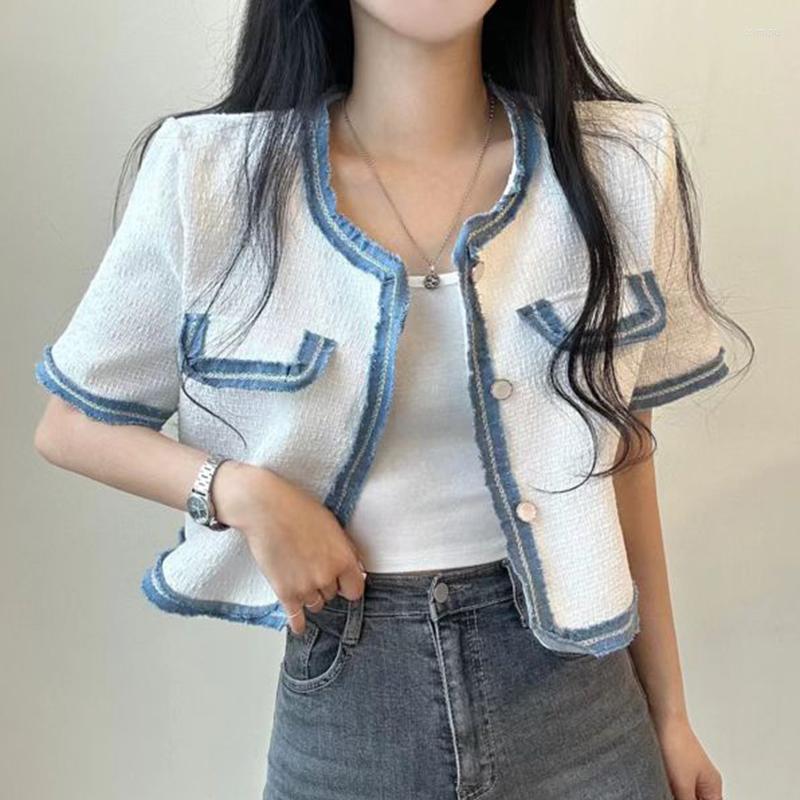 

Women's Jackets Temperament Small Fragrance Women Coat O- Neck Color Contrast Loose Outwear 2023 Summer Casual All-match Short-sleeved Tweed, Black
