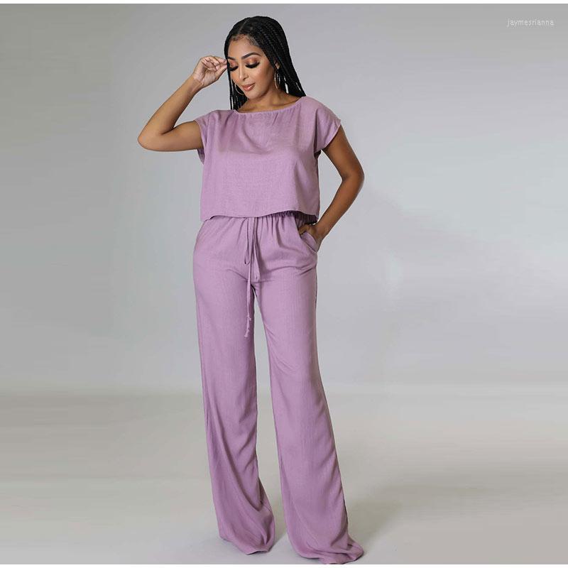 

Women's Two Piece Pants Women Solid Cotton Linen Trousers Suit Short Sleeve Tops Wide Leg Set Ladies Elastic Waist Pocket Casual Outfits, Light blue