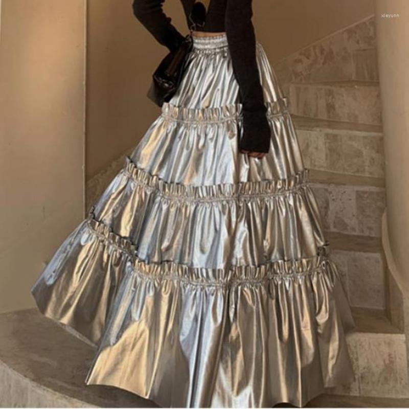 

Skirts Spring 2023 Silver Pu Long Women Fashion Elastic High Waist Big Swing Pleated A-line Layered