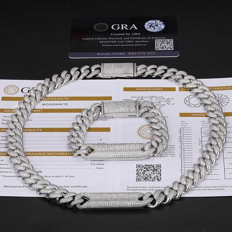 

Hip Hop Neck Chain Jewelry 12mm Bling Gold Plated 925 Silver Pass Diamond Tester VVS Moissanite Iced Out Cuabn Link Necklace