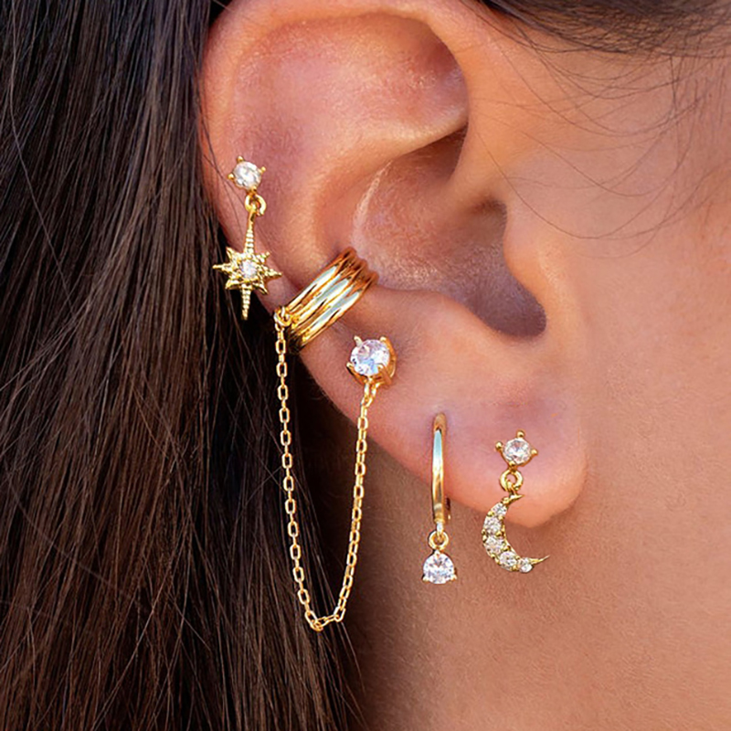 

2PCS New Stainless Steel Cubic Zirconia Chain Hoop Earrings For Women Tiny Pendant Star Moon Earring Cartilage Piercing Jewelry