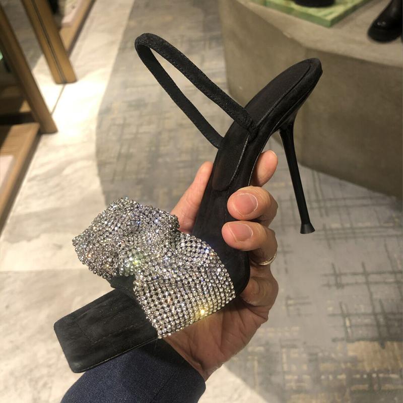 

Sandals Arrivals Crystal Bowtie 10cm High Heel Slides Sexy Bling Leather Square Toe Pumps Summer Party Shoes Women Modern Mules, Picture shown
