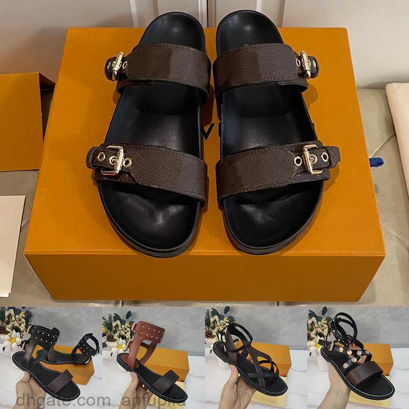 

Women Sandals Slide Slipper Ladies Flat Mule Waterfront Brown Printed louie louise vitton louis vuitton lv Sandal Gladiator Leather Slides Double Row Button, #9